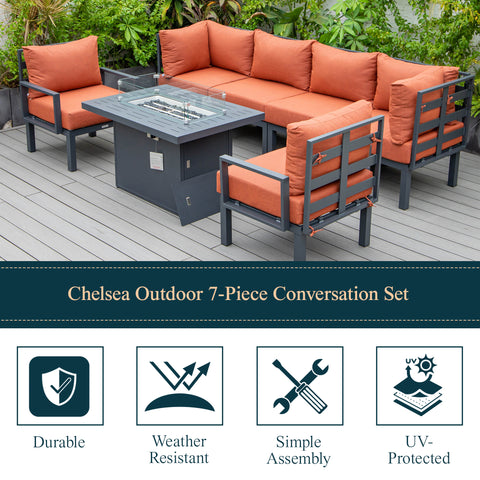 Chelsea 7-Piece Patio Sectional Set in Black Aluminum with Fire Pit Table