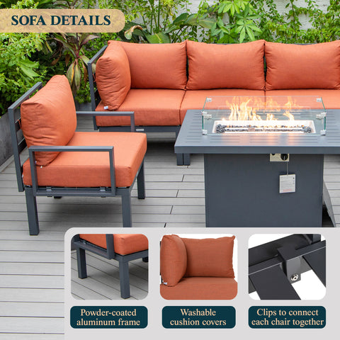 Chelsea 7-Piece Patio Sectional Set in Black Aluminum with Fire Pit Table