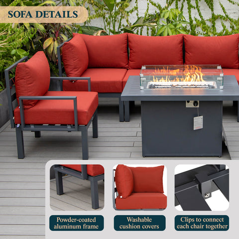 Chelsea 7-Piece Patio Sectional Set in Black Aluminum with Fire Pit Table