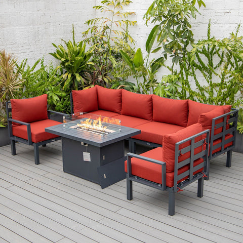 Chelsea 7-Piece Patio Sectional Set in Black Aluminum with Fire Pit Table