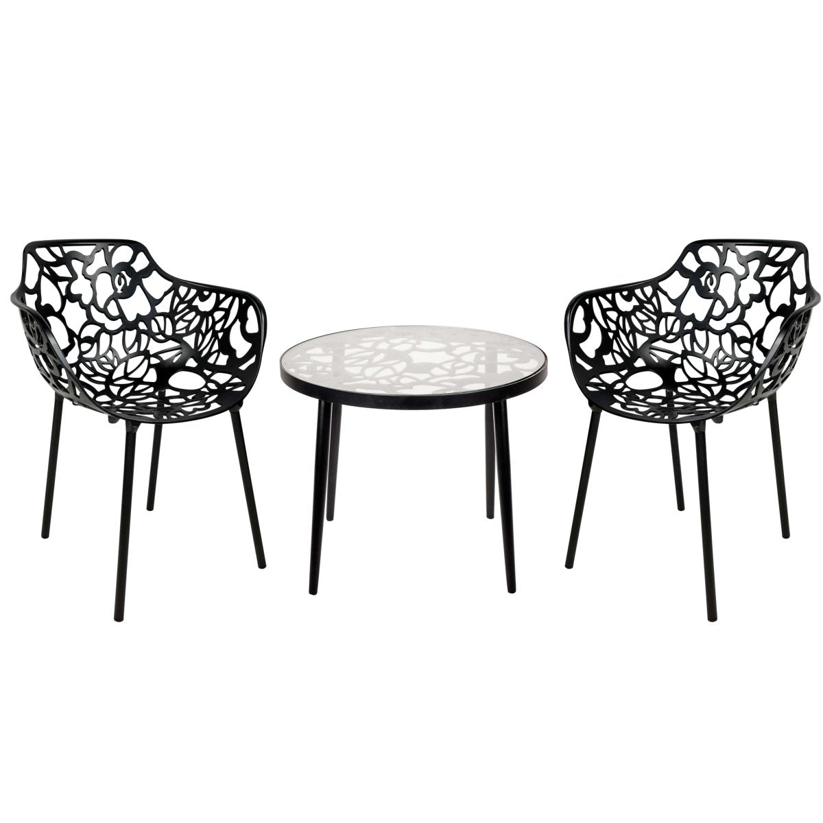 Devon 3 - Piece Patio Dining Set: Aluminum Table with Glass Top & 2 Flower Arm Chairs