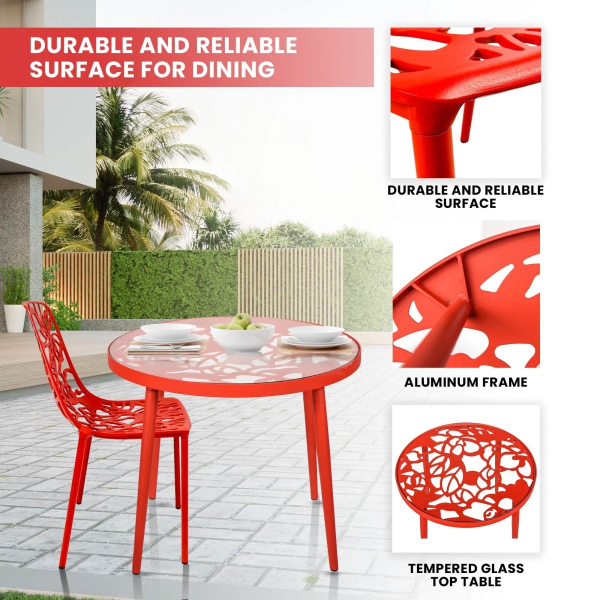 Devon 3 - Piece Patio Dining Set: Aluminum Table with Glass Top & 2 Stackable Flower Chairs