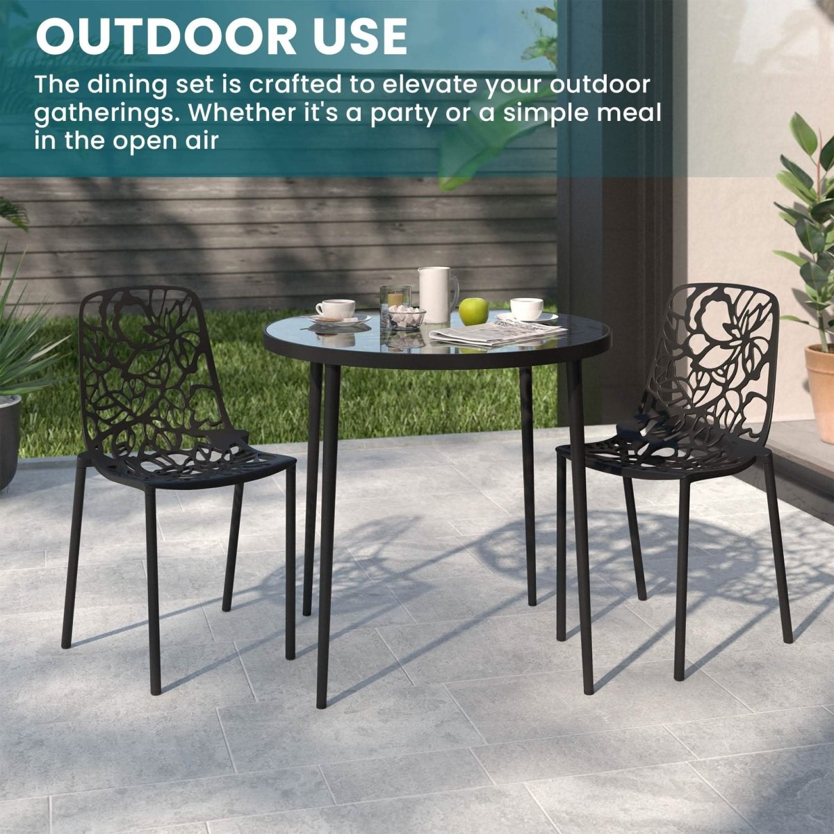 Devon 3 - Piece Patio Dining Set: Aluminum Table with Glass Top & 2 Stackable Flower Chairs