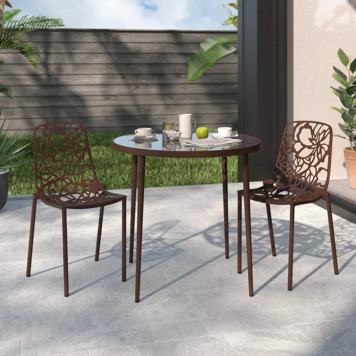 Devon 3 - Piece Patio Dining Set: Aluminum Table with Glass Top & 2 Stackable Flower Chairs
