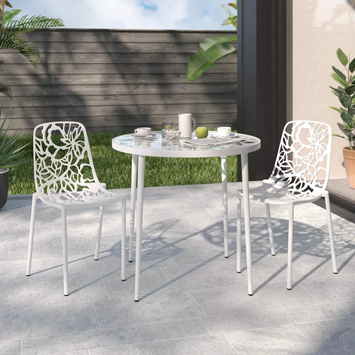 Devon 3 - Piece Patio Dining Set: Aluminum Table with Glass Top & 2 Stackable Flower Chairs