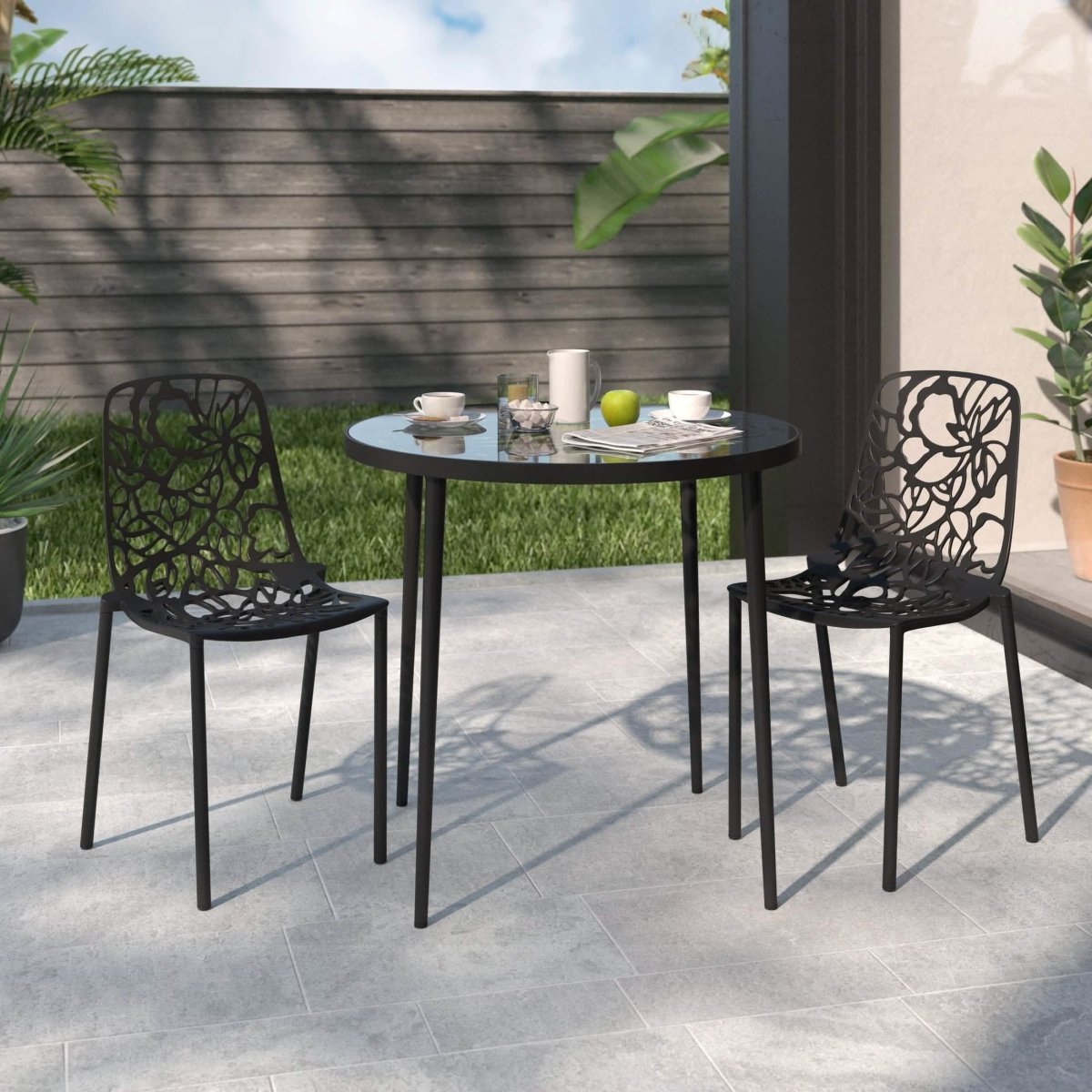 Devon 3 - Piece Patio Dining Set: Aluminum Table with Glass Top & 2 Stackable Flower Chairs