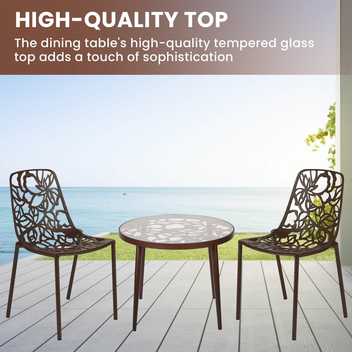Devon 3 - Piece Patio Dining Set: Aluminum Table with Glass Top & 2 Stackable Flower Chairs