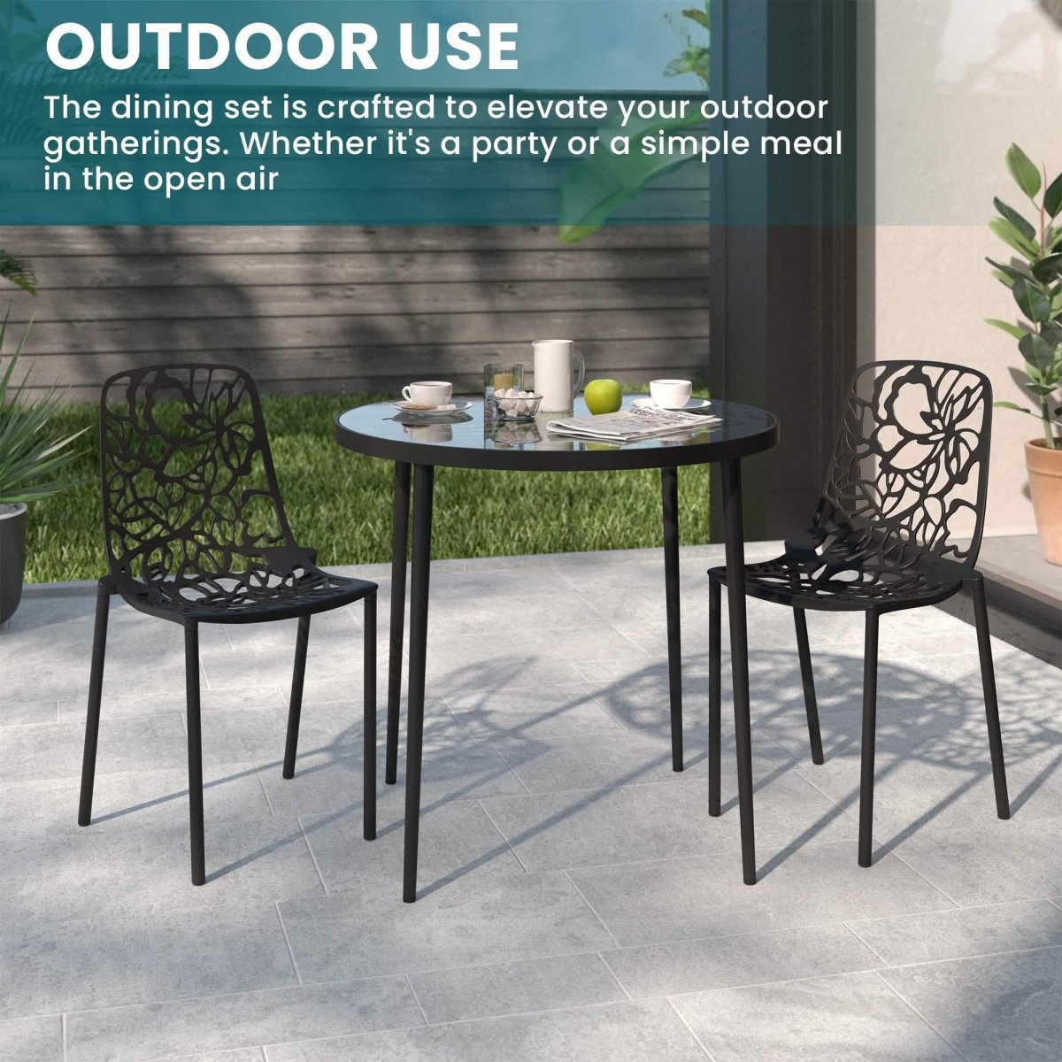 Devon 3 - Piece Patio Dining Set: Aluminum Table with Glass Top & 2 Stackable Flower Chairs