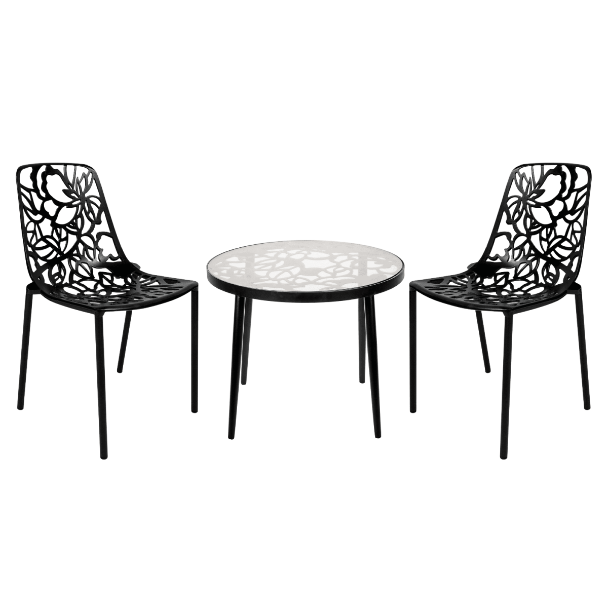 Devon 3 - Piece Patio Dining Set: Aluminum Table with Glass Top & 2 Stackable Flower Chairs