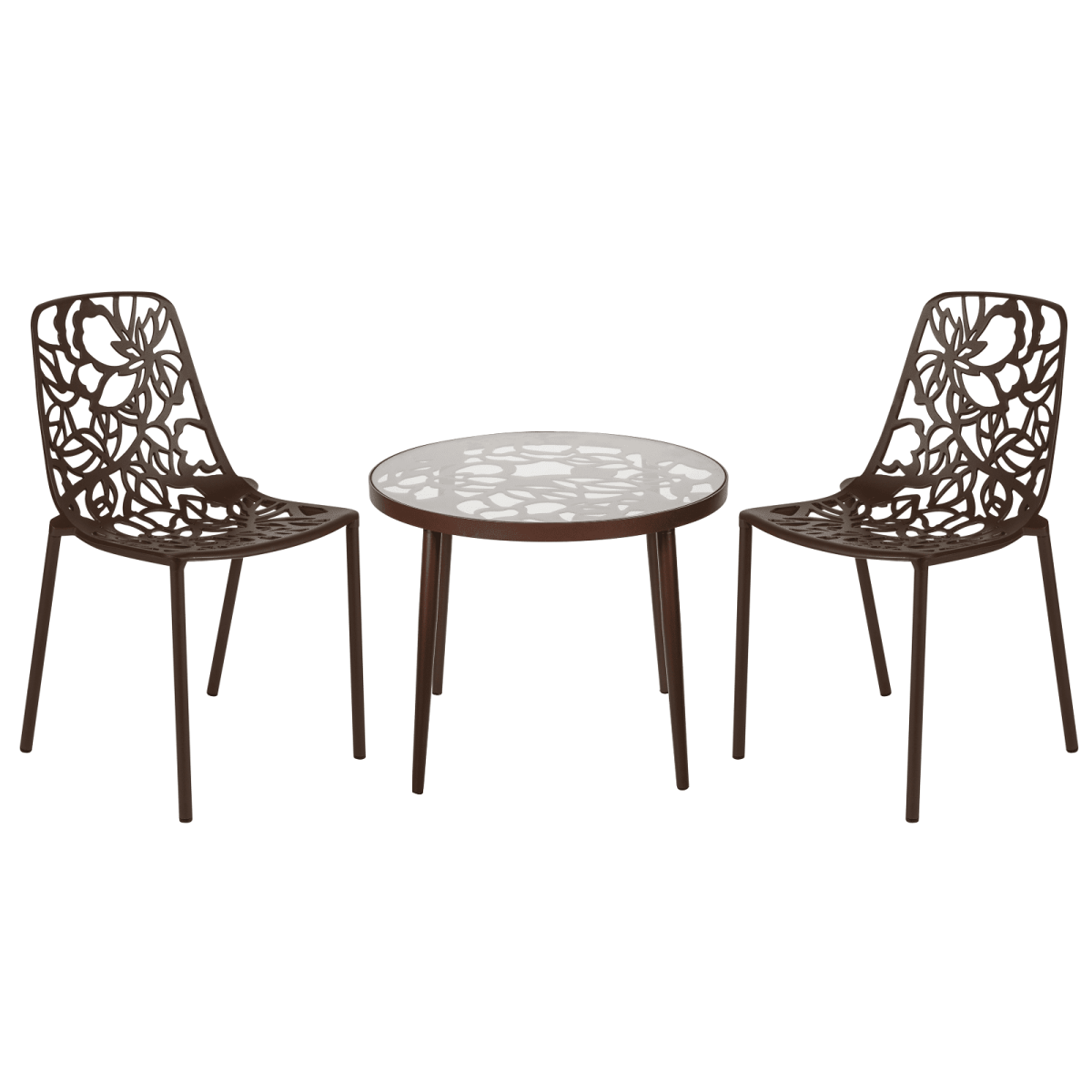 Devon 3 - Piece Patio Dining Set: Aluminum Table with Glass Top & 2 Stackable Flower Chairs
