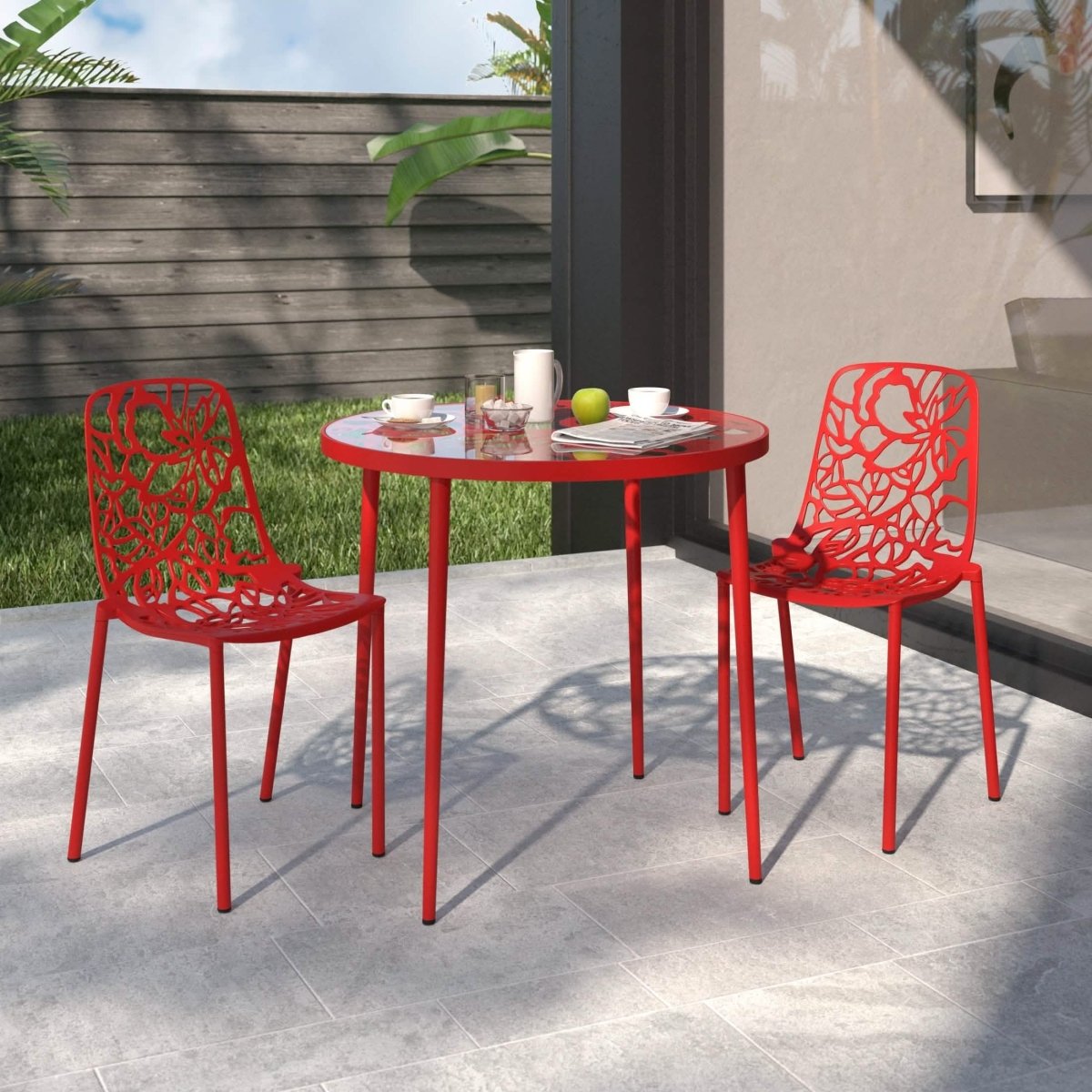 Devon 3 - Piece Patio Dining Set: Aluminum Table with Glass Top & 2 Stackable Flower Chairs