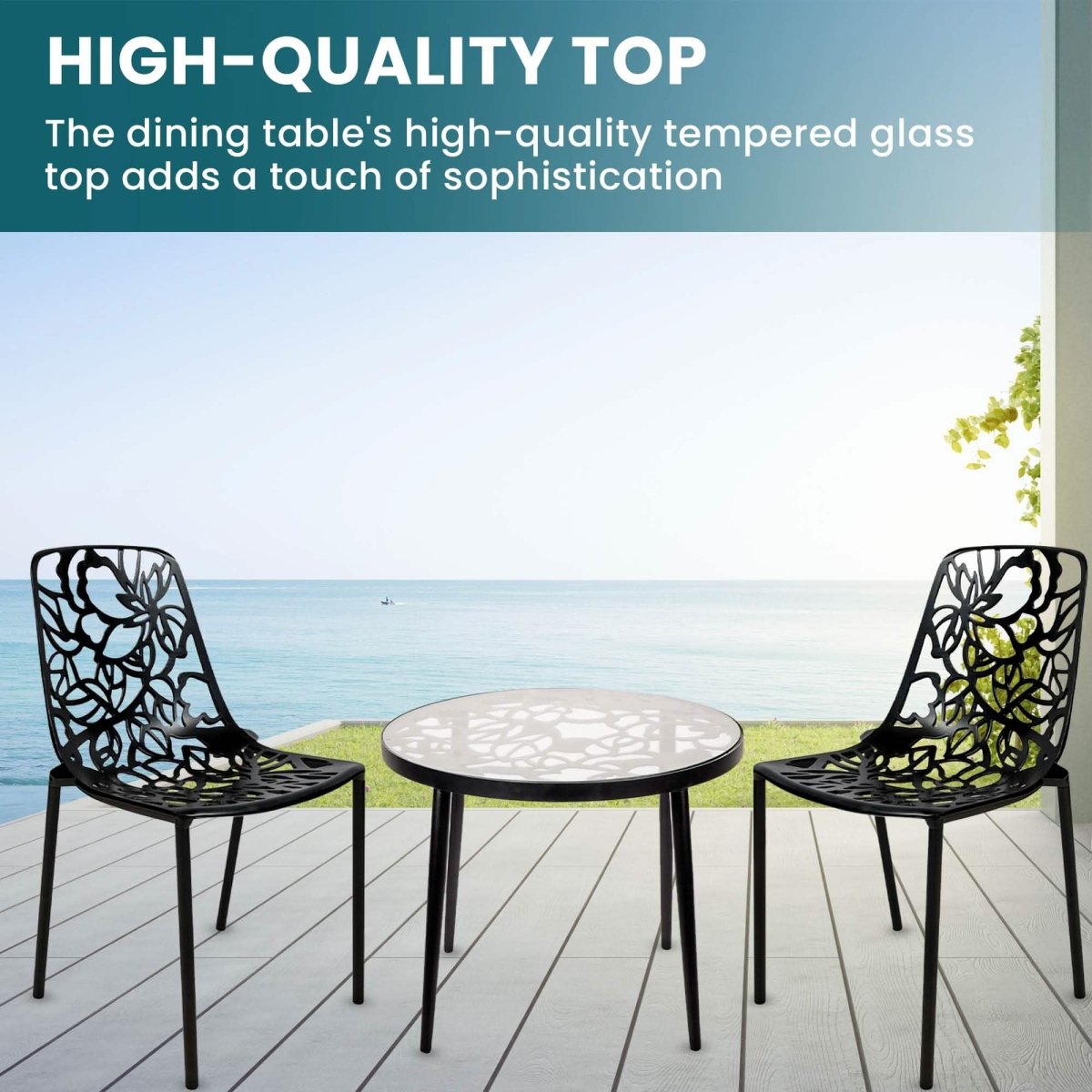 Devon 3 - Piece Patio Dining Set: Aluminum Table with Glass Top & 2 Stackable Flower Chairs