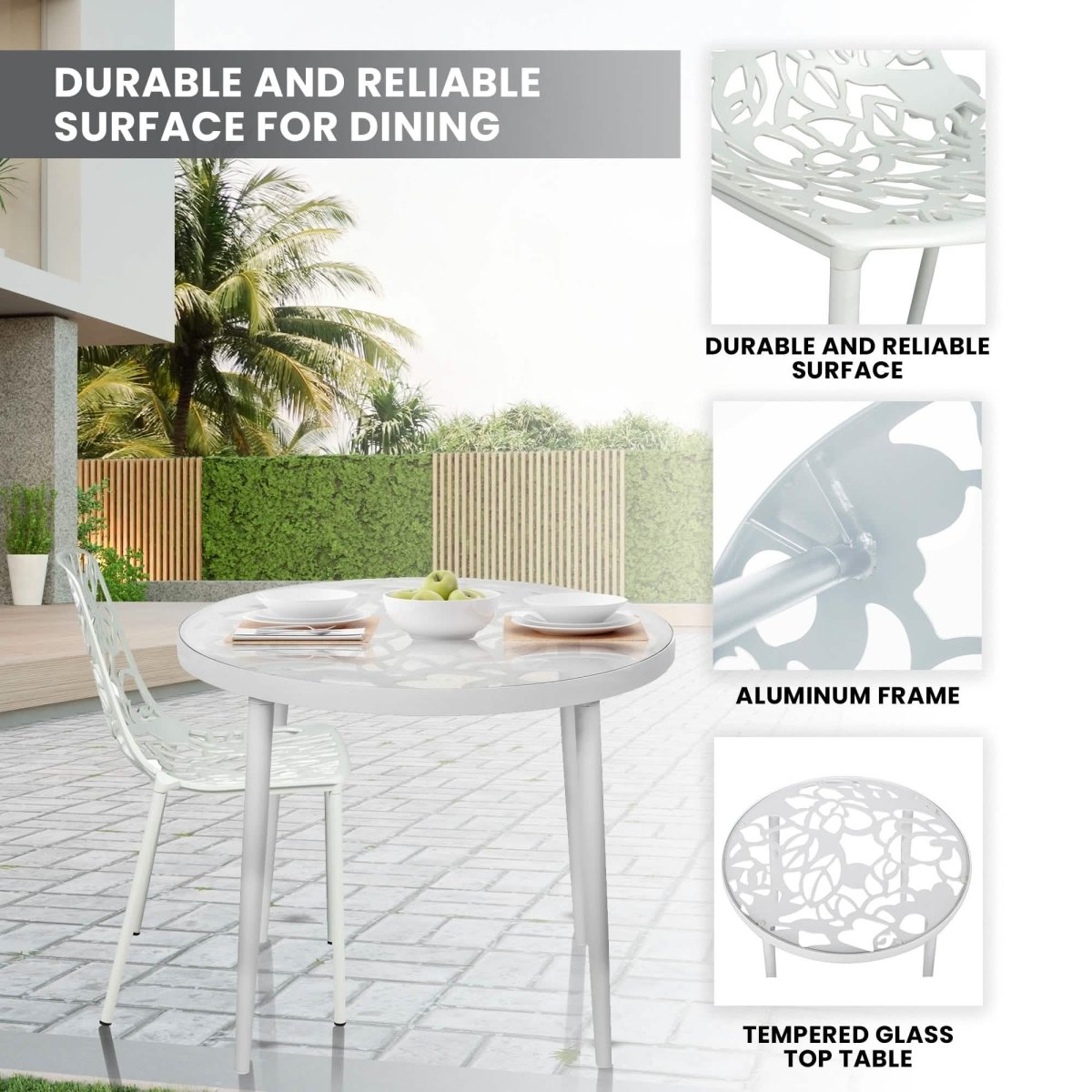 Devon 3 - Piece Patio Dining Set: Aluminum Table with Glass Top & 2 Stackable Flower Chairs