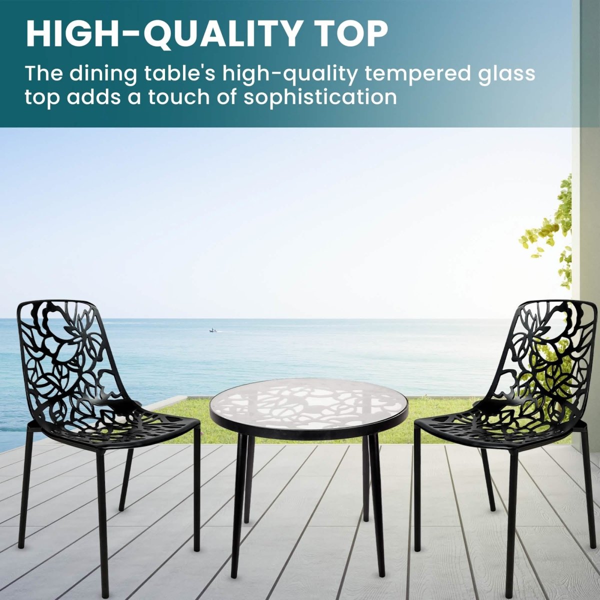 Devon 3 - Piece Patio Dining Set: Aluminum Table with Glass Top & 2 Stackable Flower Chairs