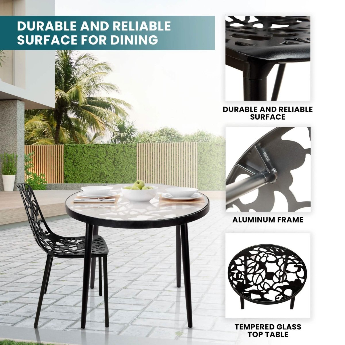 Devon 3 - Piece Patio Dining Set: Aluminum Table with Glass Top & 2 Stackable Flower Chairs