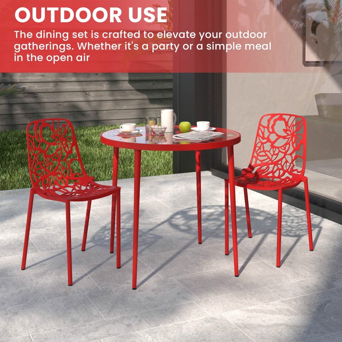Devon 3 - Piece Patio Dining Set: Aluminum Table with Glass Top & 2 Stackable Flower Chairs