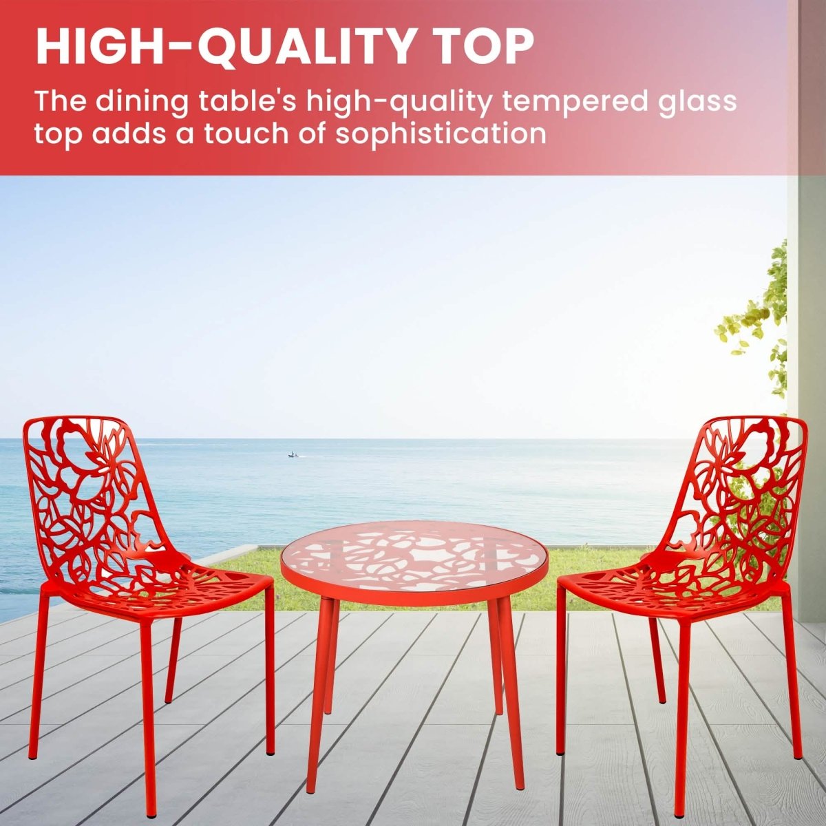Devon 3 - Piece Patio Dining Set: Aluminum Table with Glass Top & 2 Stackable Flower Chairs