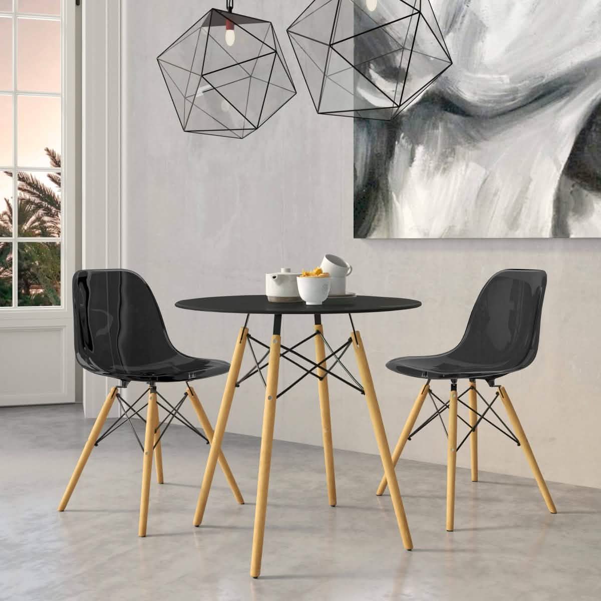 Dover 3 - Piece Dining Set with Round Black MDF Top Bistro Table and 2 Plastic Chairs
