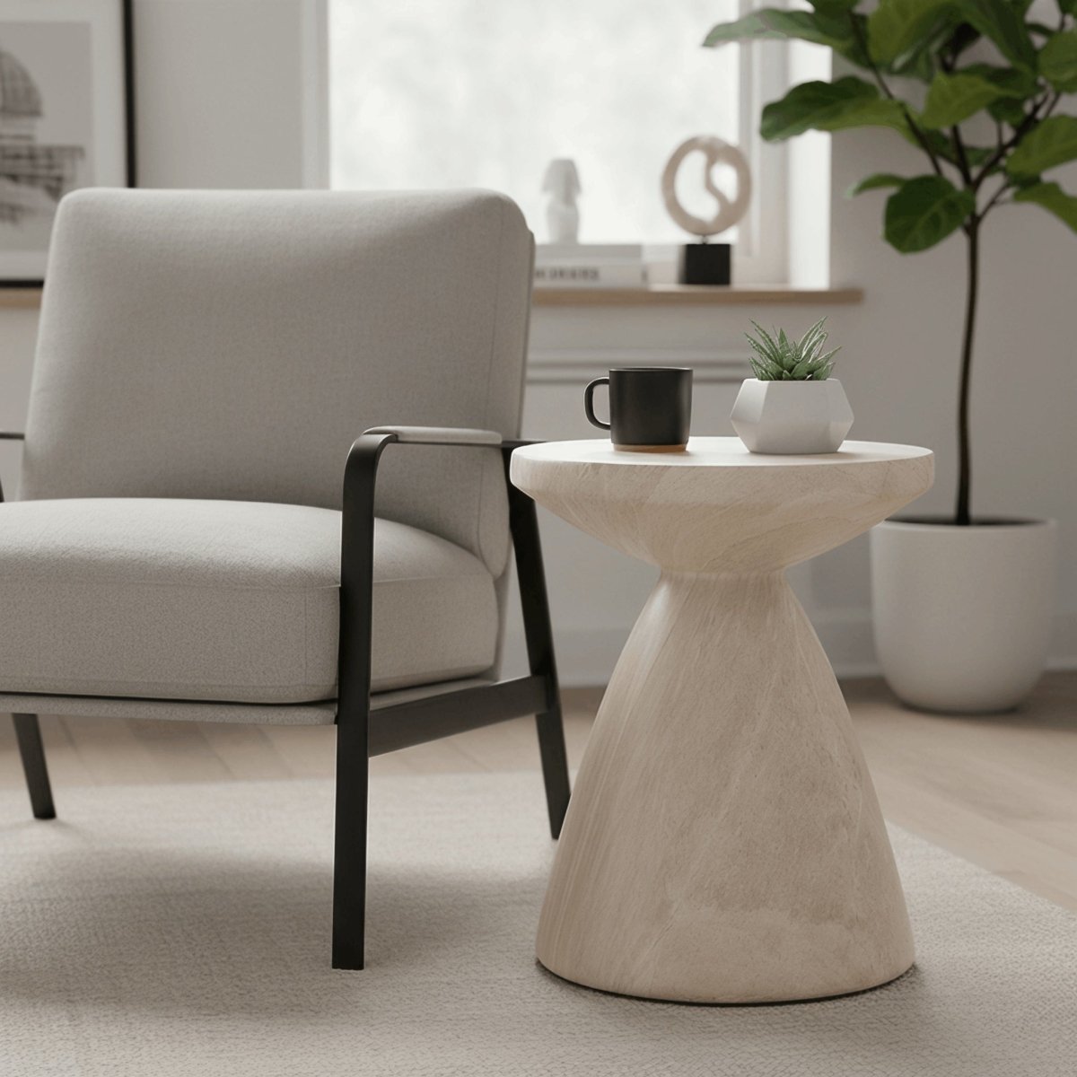 Dune Side Table Fiberstone Round Accent Table and Hourglass Pedestal Base