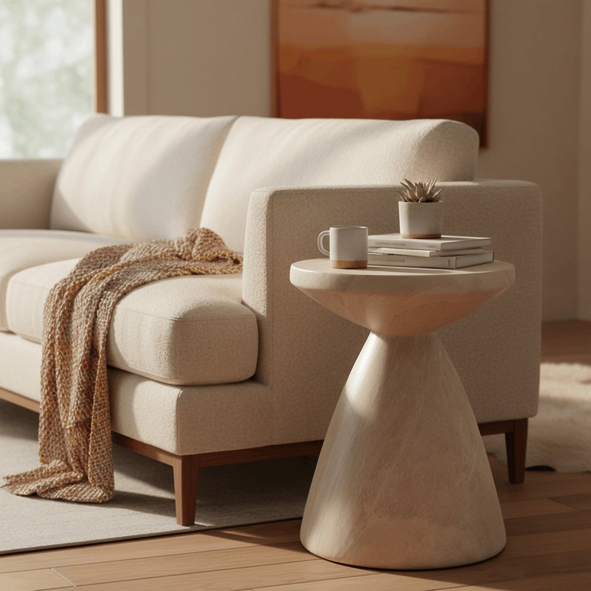 Dune Side Table Fiberstone Round Accent Table and Hourglass Pedestal Base