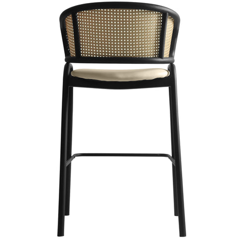 Ervilla Leather Bar Stool with Powder-Coated Stainless Steel Base and Curved Wicker Back Design