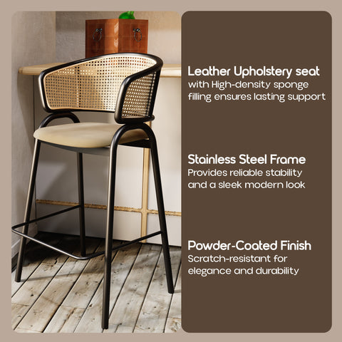 Ervilla Leather Bar Stool with Powder-Coated Stainless Steel Base and Curved Wicker Back Design