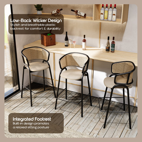 Ervilla Leather Bar Stool with Powder-Coated Stainless Steel Base and Curved Wicker Back Design