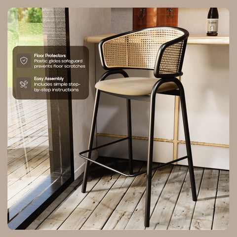 Ervilla Leather Bar Stool with Powder-Coated Stainless Steel Base and Curved Wicker Back Design