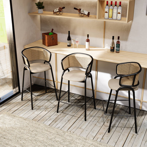 Ervilla Leather Bar Stool with Powder-Coated Stainless Steel Base and Curved Wicker Back Design