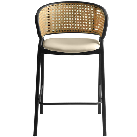 Ervilla Leather Bar Stool with Powder-Coated Stainless Steel Base and Curved Wicker Back Design