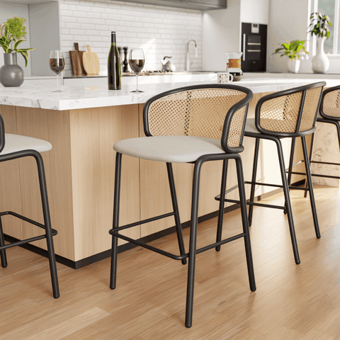 Ervilla Mid-Century Modern Wicker Bar Stool with Fabric Seat and Black Powder Coated Steel Frame