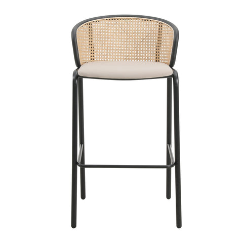 Ervilla Mid-Century Modern Wicker Bar Stool with Fabric Seat and Black Powder Coated Steel Frame