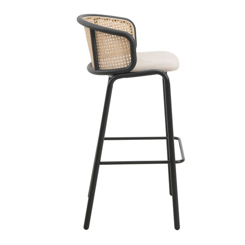 Ervilla Mid-Century Modern Wicker Bar Stool with Fabric Seat and Black Powder Coated Steel Frame