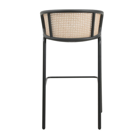 Ervilla Mid-Century Modern Wicker Bar Stool with Fabric Seat and Black Powder Coated Steel Frame