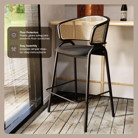 Ervilla Leather Bar Stool with Powder-Coated Stainless Steel Base and Curved Wicker Back Design