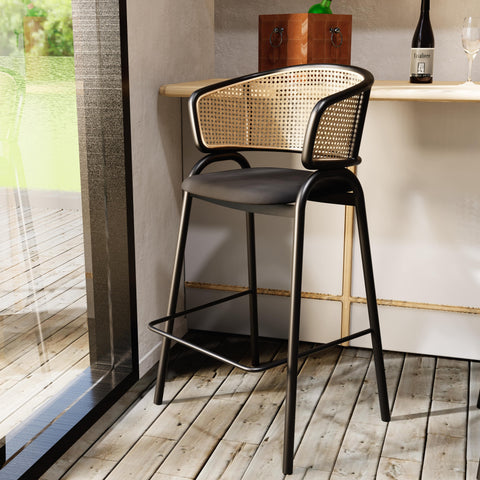 Ervilla Leather Bar Stool with Powder-Coated Stainless Steel Base and Curved Wicker Back Design