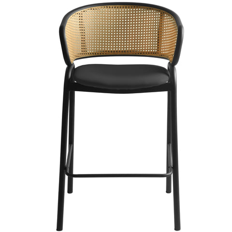 Ervilla Leather Bar Stool with Powder-Coated Stainless Steel Base and Curved Wicker Back Design