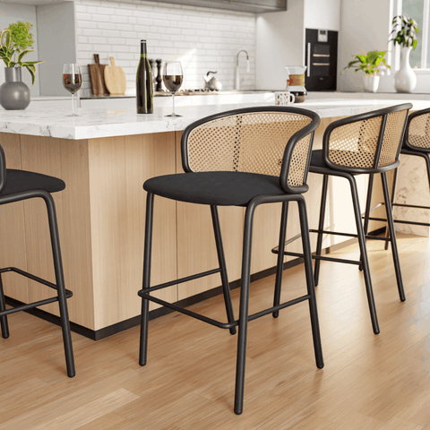 Ervilla Mid-Century Modern Wicker Bar Stool with Fabric Seat and Black Powder Coated Steel Frame