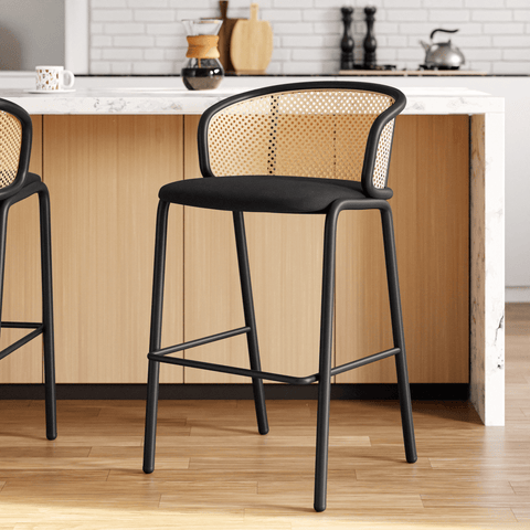 Ervilla Mid-Century Modern Wicker Bar Stool with Fabric Seat and Black Powder Coated Steel Frame