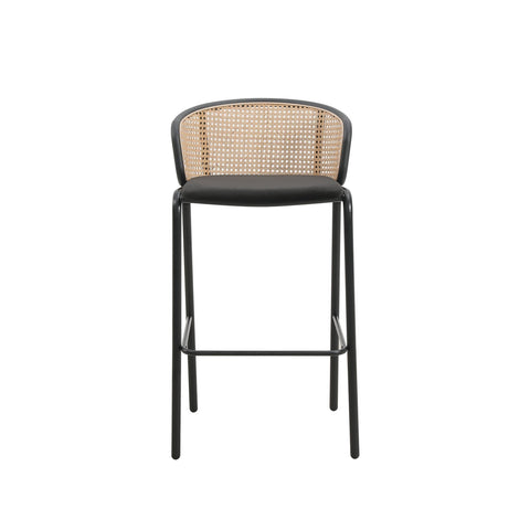 Ervilla Mid-Century Modern Wicker Bar Stool with Fabric Seat and Black Powder Coated Steel Frame