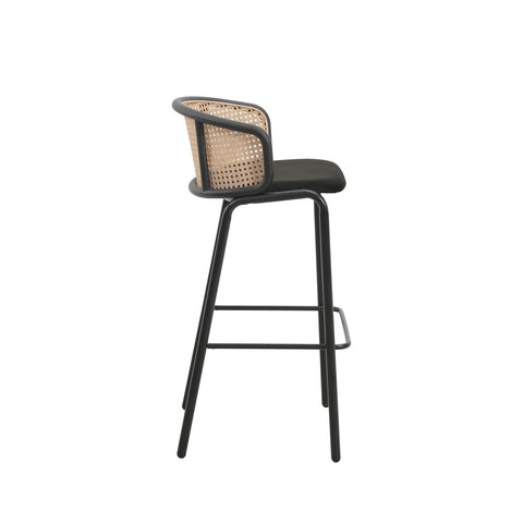 Ervilla Mid-Century Modern Wicker Bar Stool with Fabric Seat and Black Powder Coated Steel Frame