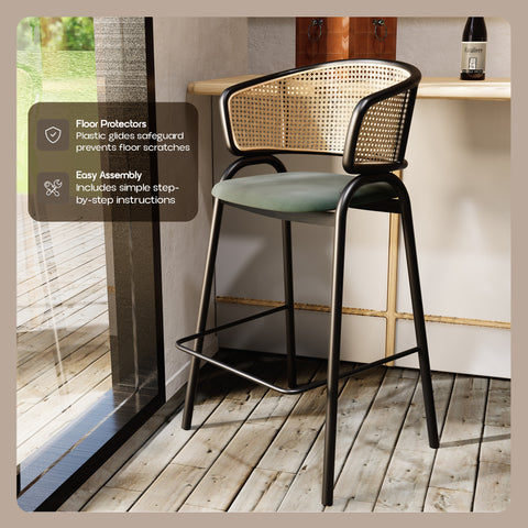 Ervilla Leather Bar Stool with Powder-Coated Stainless Steel Base and Curved Wicker Back Design