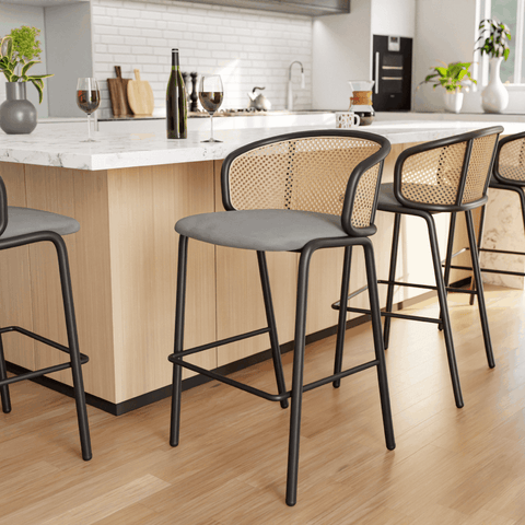 Ervilla Mid-Century Modern Wicker Bar Stool with Fabric Seat and Black Powder Coated Steel Frame