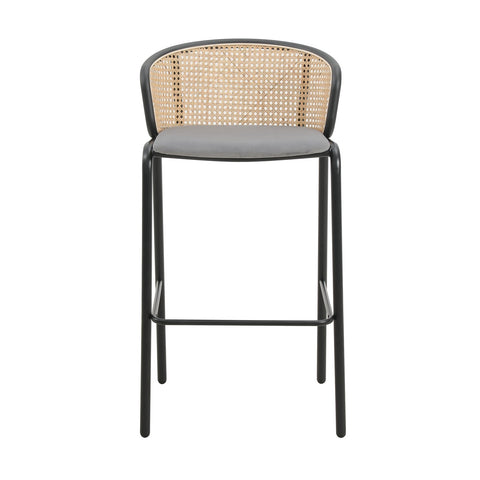 Ervilla Mid-Century Modern Wicker Bar Stool with Fabric Seat and Black Powder Coated Steel Frame