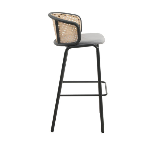 Ervilla Mid-Century Modern Wicker Bar Stool with Fabric Seat and Black Powder Coated Steel Frame