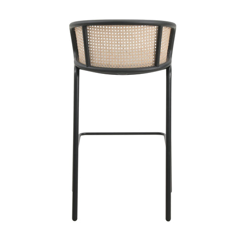 Ervilla Mid-Century Modern Wicker Bar Stool with Fabric Seat and Black Powder Coated Steel Frame