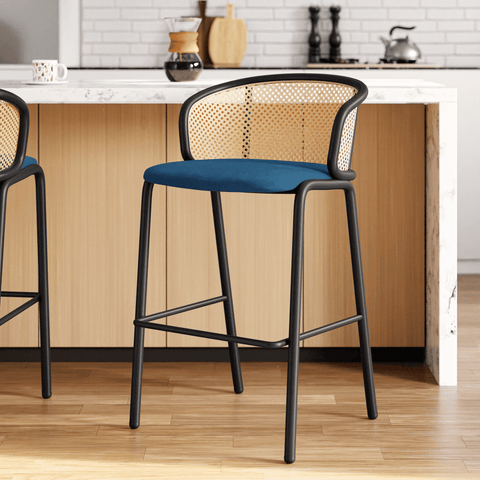 Ervilla Mid-Century Modern Wicker Bar Stool with Fabric Seat and Black Powder Coated Steel Frame