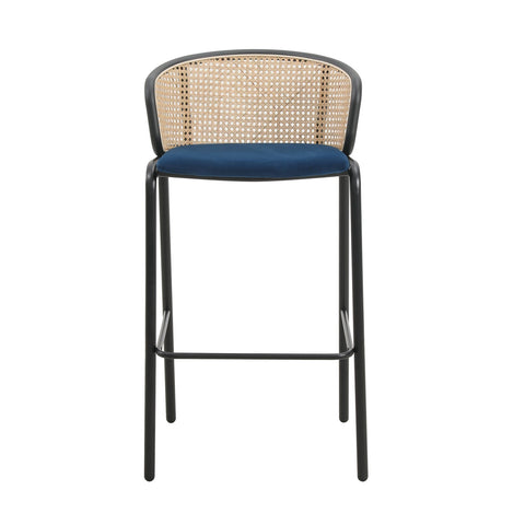 Ervilla Mid-Century Modern Wicker Bar Stool with Fabric Seat and Black Powder Coated Steel Frame