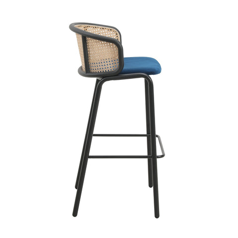 Ervilla Mid-Century Modern Wicker Bar Stool with Fabric Seat and Black Powder Coated Steel Frame