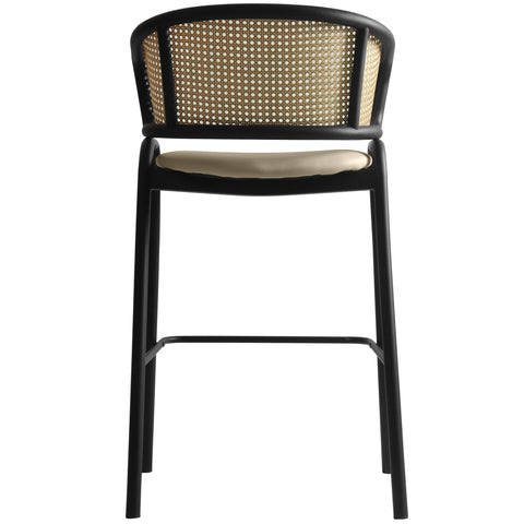 Ervilla Leather Bar Stool with Powder-Coated Stainless Steel Base and Curved Wicker Back Design